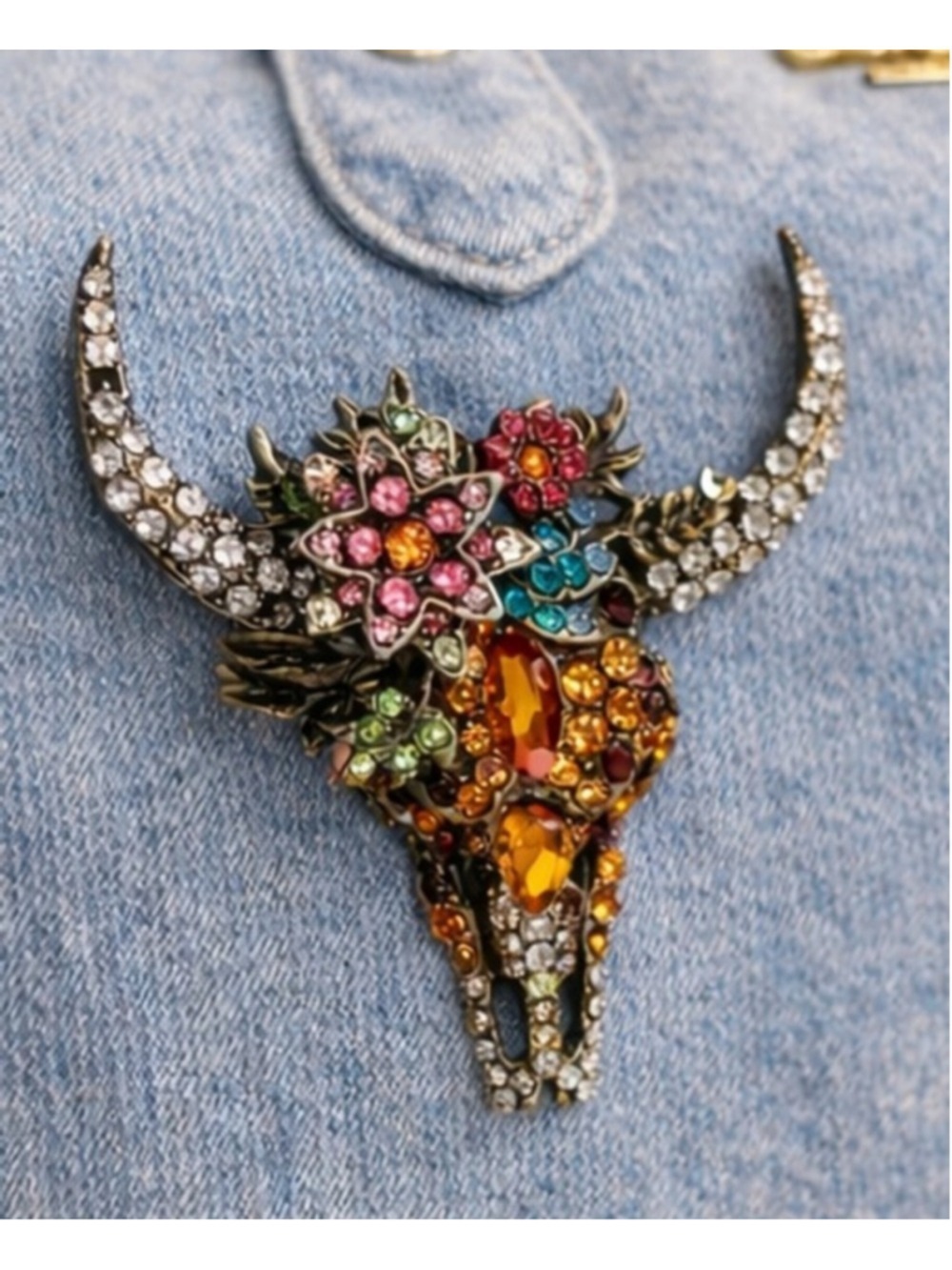 NEW Longhorn Skull Floral Rhinestone Brooch Western Statement Bag Charm Pin NWT